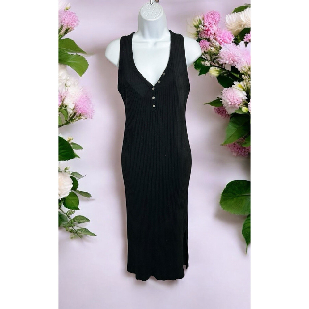Converse Black Ribbed Fitted Midi Dress Sz Small Sleeveless V-Neck Casual